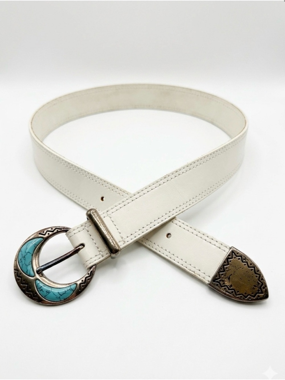 Vintage Liz Claiborne White Leather Western Belt Turquoise Moon Buckle Large